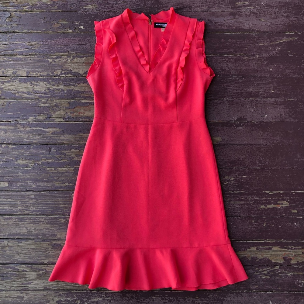Karl Lagerfeld Paris Pink Sleeveless Mini Dress Ruffle Trim Flounce Crepe 8